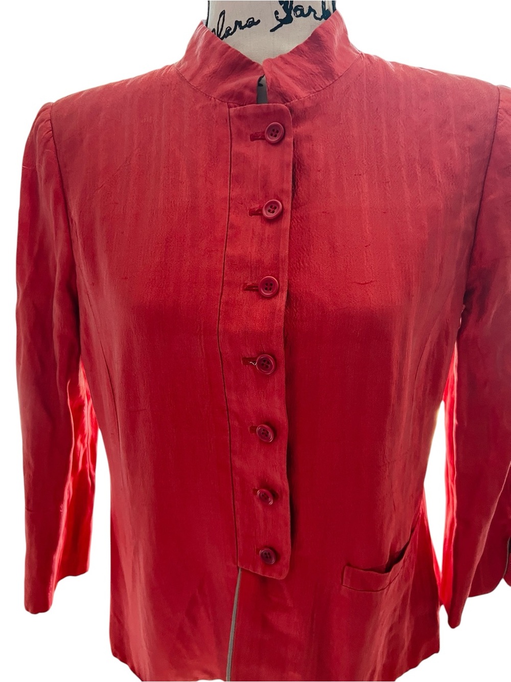Armani Collezioni Vintage Red Raw Silk Mandarin Collar Blazer Jacket Size 10